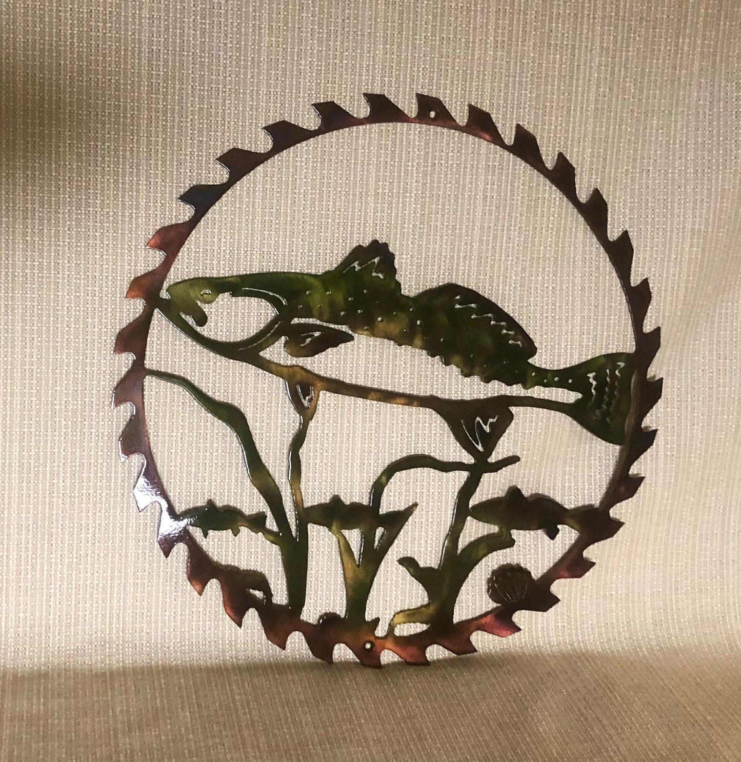 Speckled Trout In Sawblade Indoor Outdoor Wildlife Nautical Metal Wall Art
