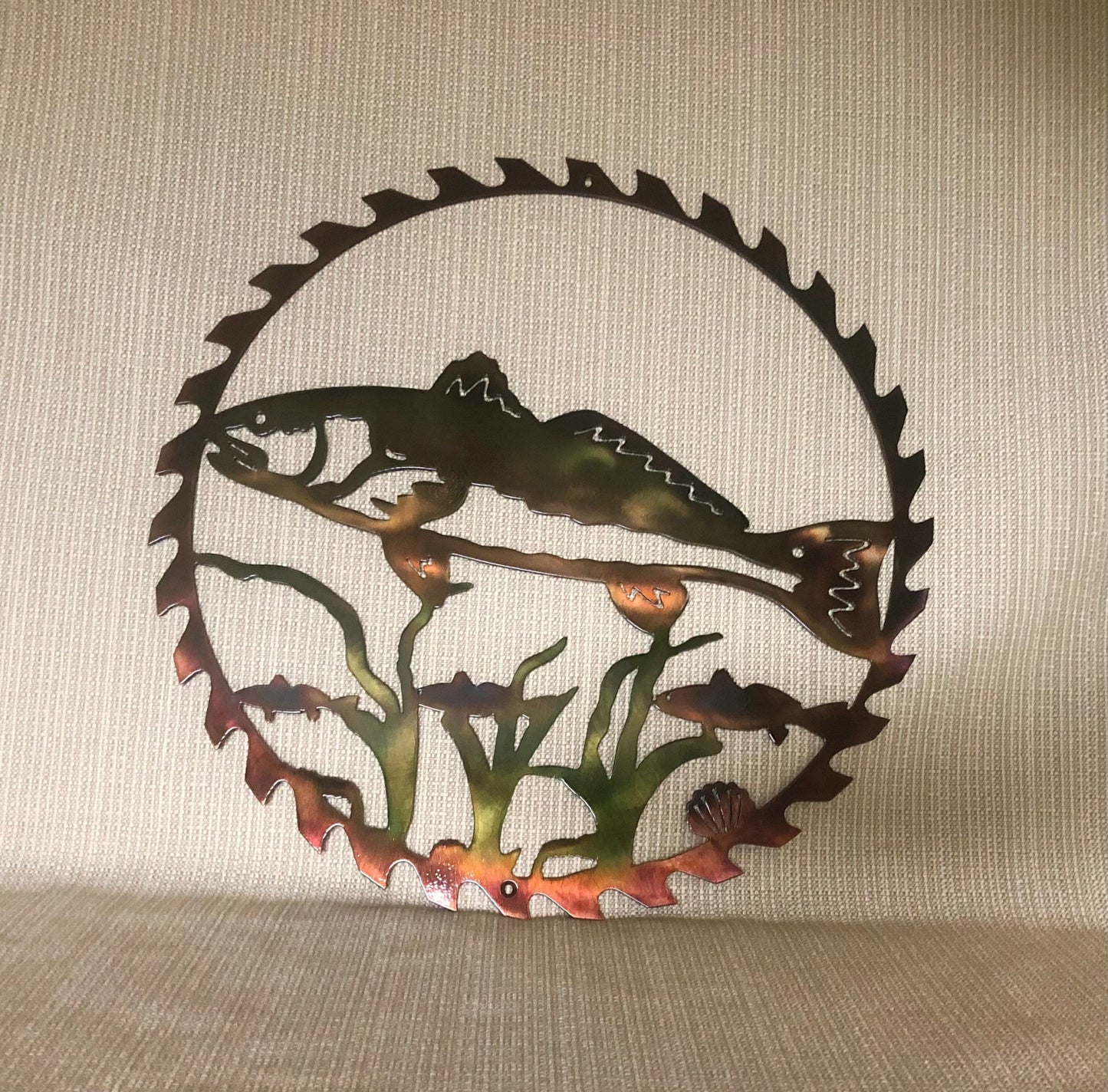 Red Drum Fish In Sawblade Indoor Outdoor Wildlife Nautical Metal Wall Art