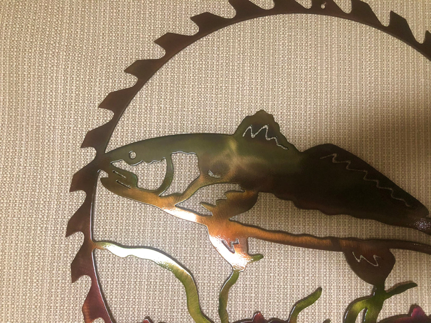 Red Drum Fish In Sawblade Indoor Outdoor Wildlife Nautical Metal Wall Art