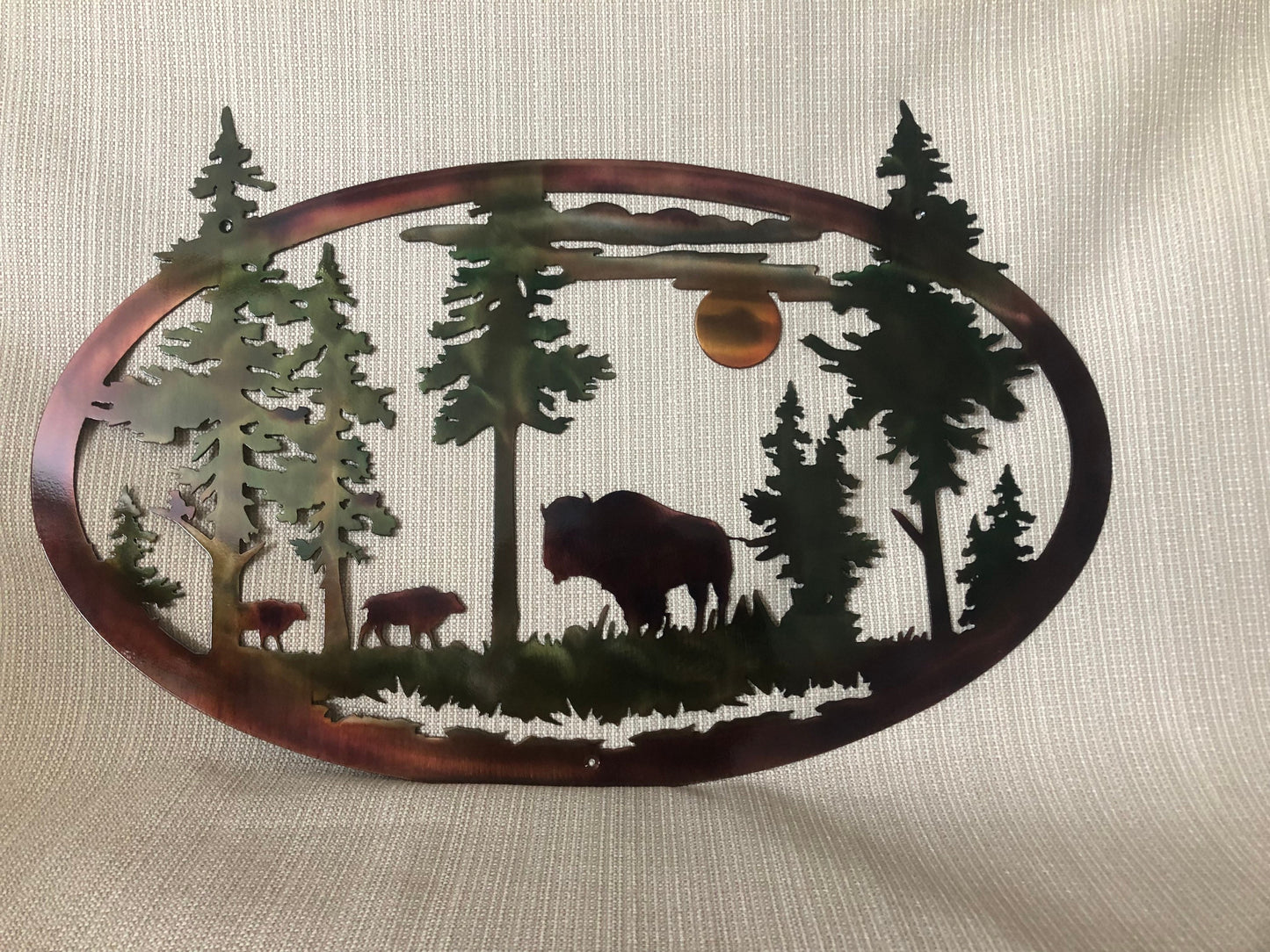 American Bison Buffalo And Mountains With Trees Indoor Or Outdoor Wildlife Metal Wall Art