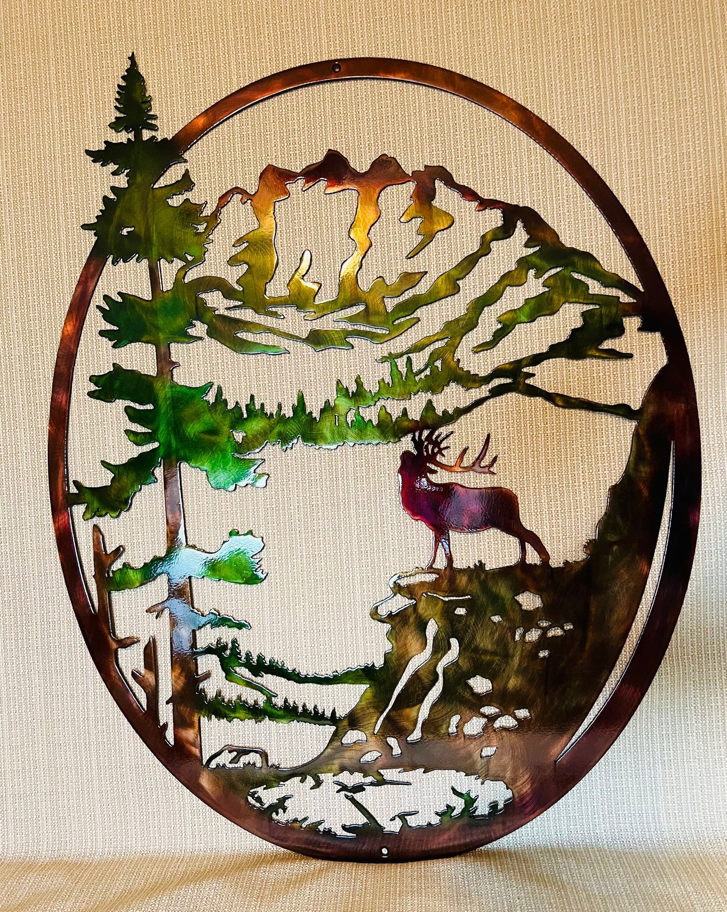 North American Bull Elk Mountains With Trees Oval Indoor Or Outdoor Wildlife Metal Wall Art