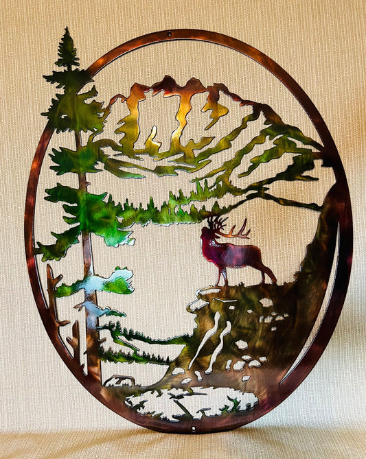 North American Bull Elk Mountains With Trees Oval Indoor Or Outdoor Wildlife Metal Wall Art