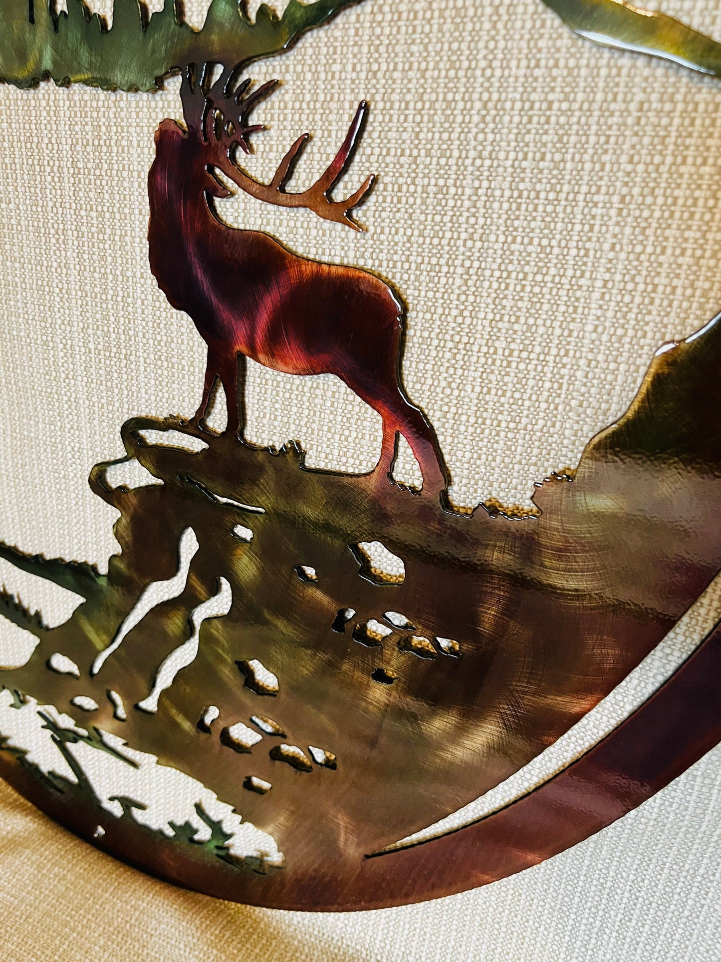 North American Bull Elk Mountains With Trees Oval Indoor Or Outdoor Wildlife Metal Wall Art