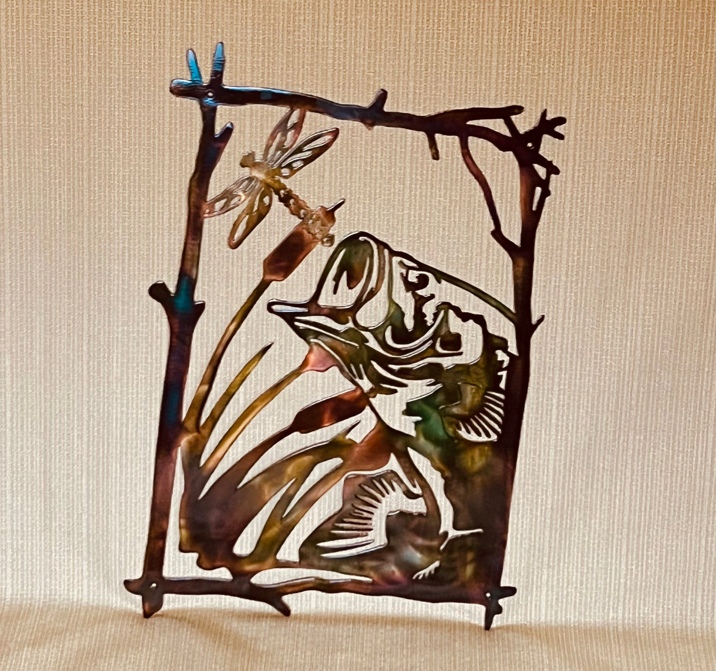 Largemouth Bass After Dragonfly Indoor Or Outdoor Wildlife Metal Wall Art
