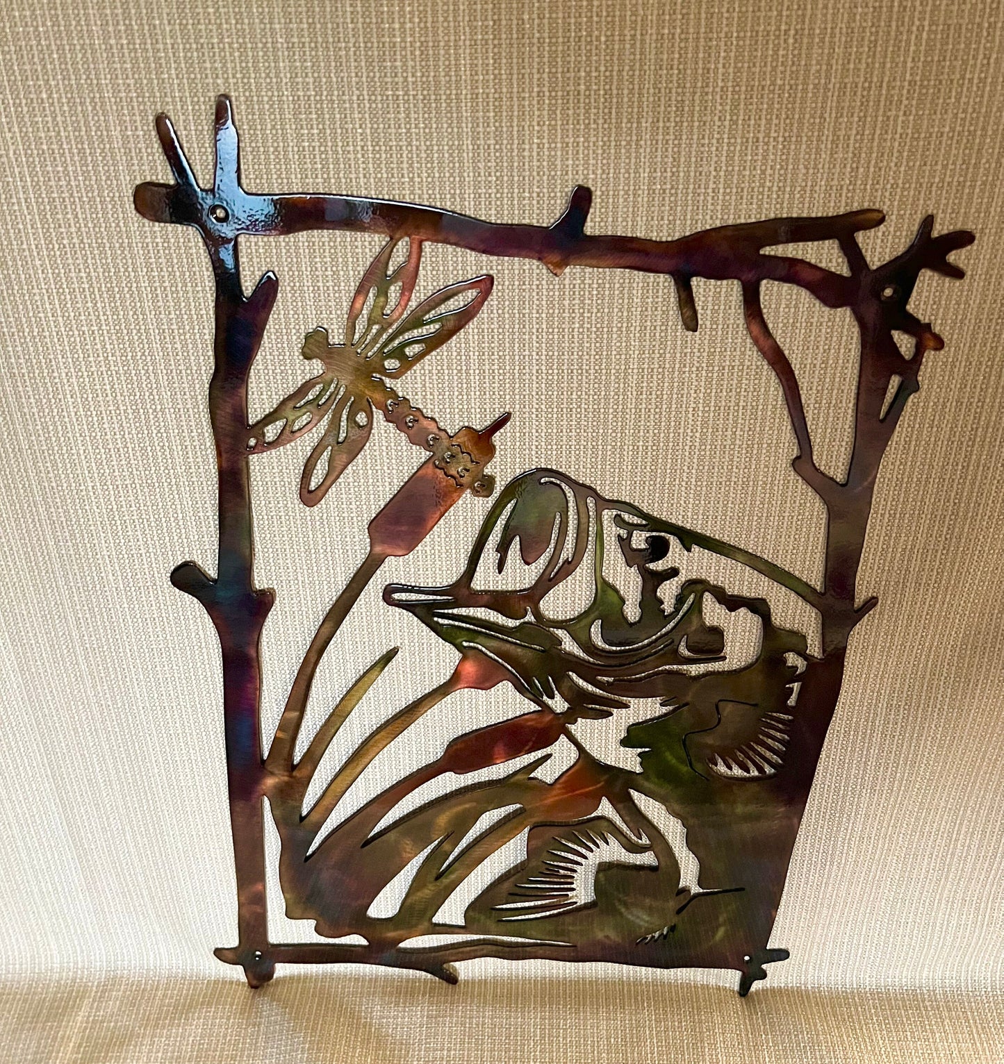 Largemouth Bass After Dragonfly Indoor Or Outdoor Wildlife Metal Wall Art