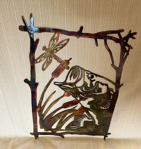 Largemouth Bass After Dragonfly Indoor Or Outdoor Wildlife Metal Wall Art