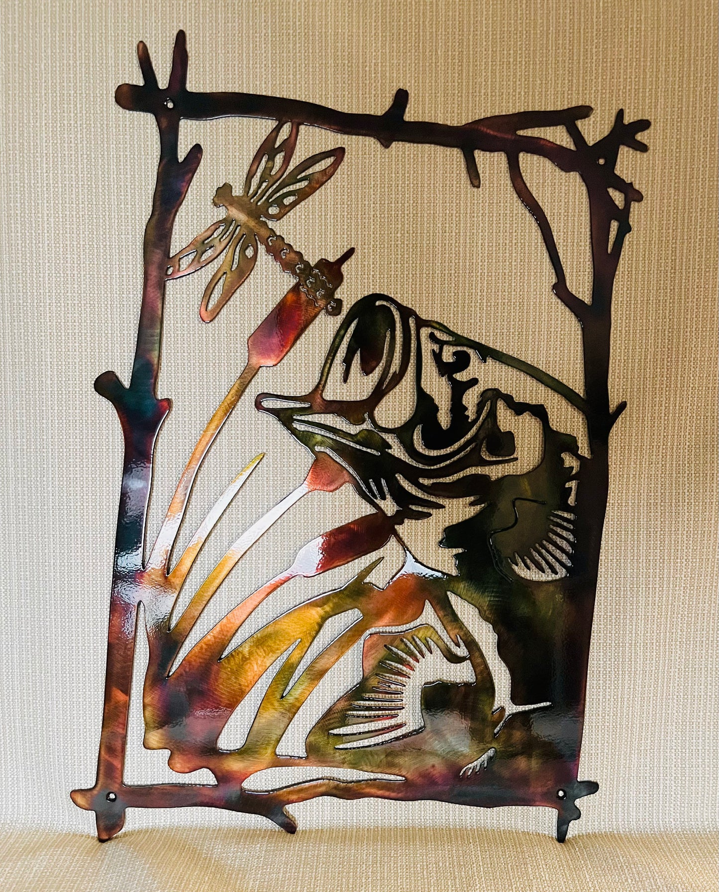 Largemouth Bass After Dragonfly Indoor Or Outdoor Wildlife Metal Wall Art