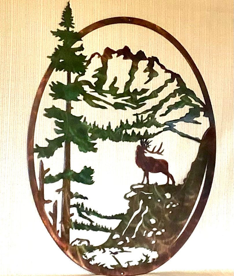 North American Bull Elk Mountains With Trees Oval Indoor Or Outdoor Wildlife Metal Wall Art