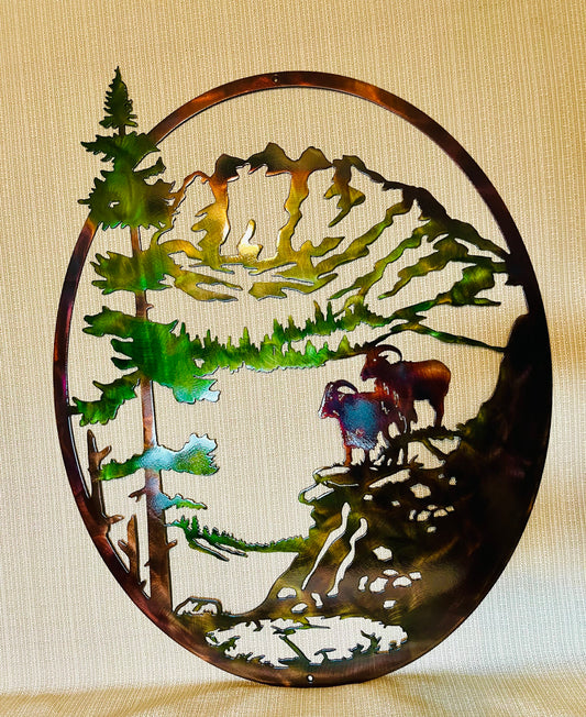Mountain Goats With Mountains And Trees Oval Indoor Or Outdoor Wildlife Metal Wall Art