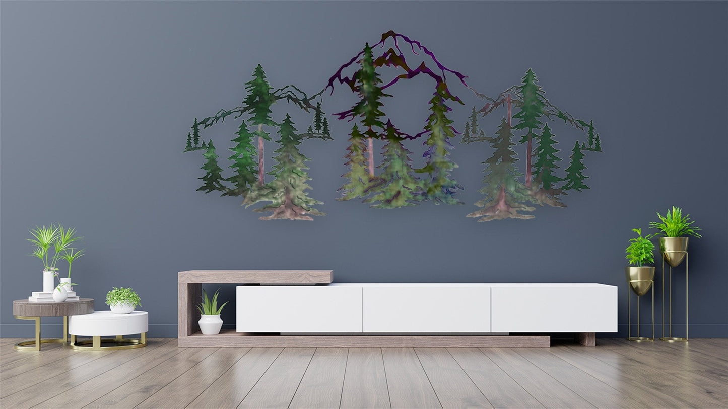 Pine Trees, Forest and Mountain Up To 9 Ft Wide Scene Metal Wall Art Home Decor