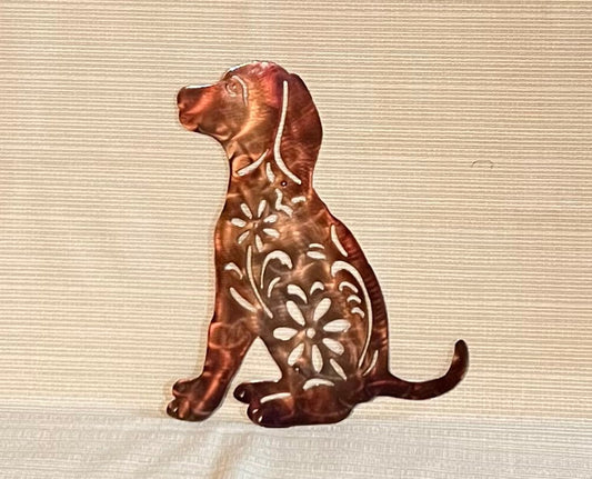 Puppy Dog With Flowers Indoor or Outdoor Wildlife Metal Wall Art