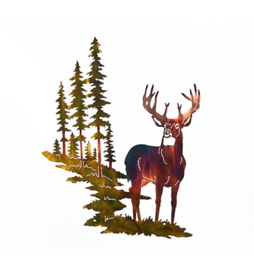 Large Whitetail Buck Mountain and Trees metal wall art