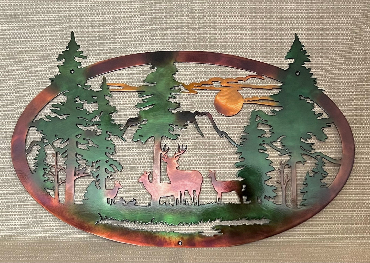 Deer or Bear Family And Mountains With Trees Indoor Or Outdoor Wildlife Metal Wall Art