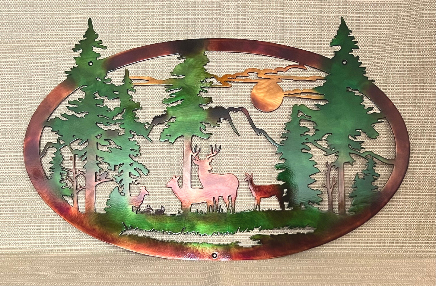 Deer or Bear Family And Mountains With Trees Indoor Or Outdoor Wildlife Metal Wall Art