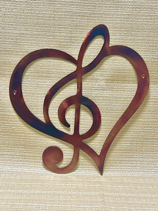 Treble Clef Music Note In Heart Indoor or Outdoor Metal Wall Art