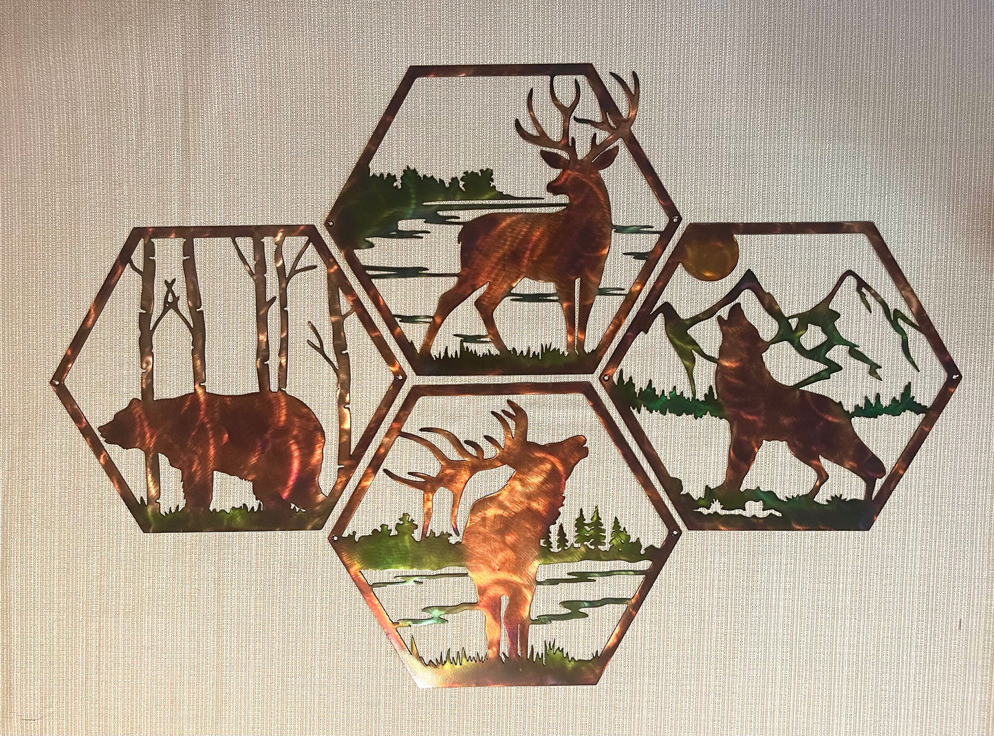 Bear Deer Elk Wolf 4 Pc. Metal Wildlife Wall Art Panels Indoor & Outdoor