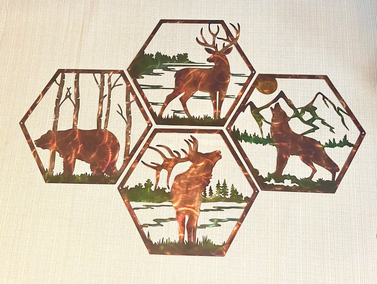 Bear Deer Elk Wolf 4 Pc. Metal Wildlife Wall Art Panels Indoor & Outdoor
