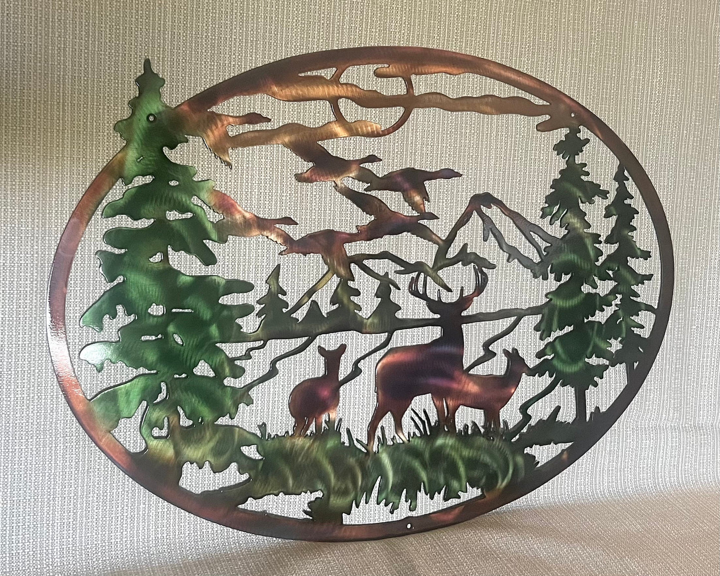 Deer Family And Mountains Trees And Geese Indoor Or Outdoor Wildlife Metal Wall Art