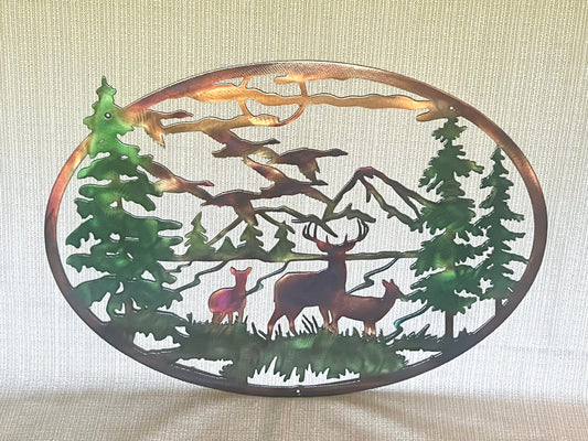 Deer Family And Mountains Trees And Geese Indoor Or Outdoor Wildlife Metal Wall Art