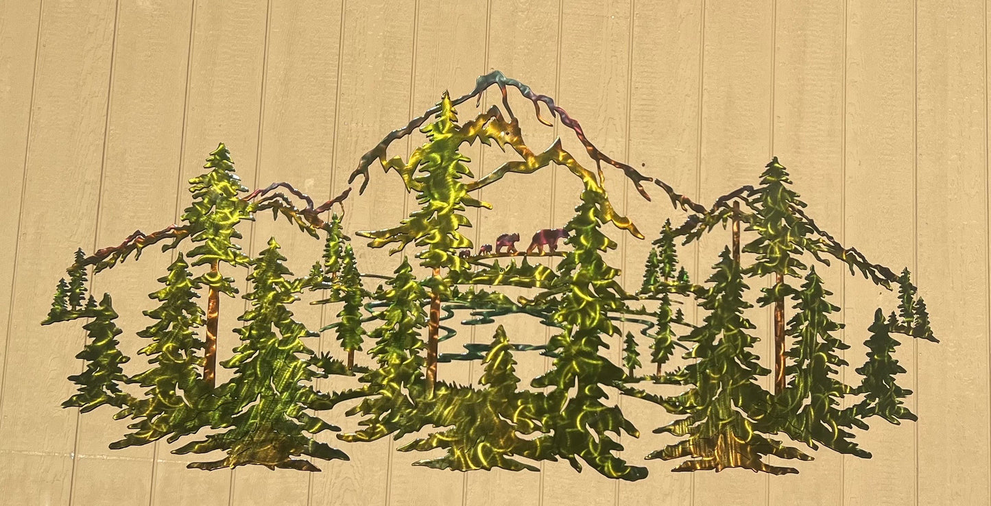 Pine Trees, Forest, Bears And Mountains Up To 9 Ft Wide Scene Metal Wall Art Home Decor