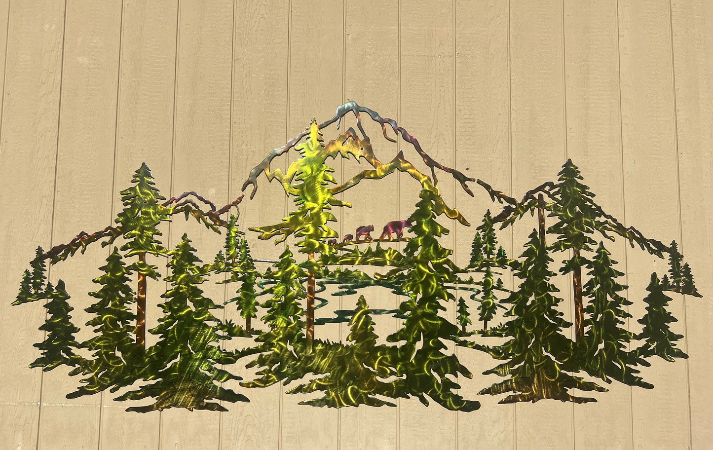 Pine Trees, Forest, Bears And Mountains Up To 9 Ft Wide Scene Metal Wall Art Home Decor