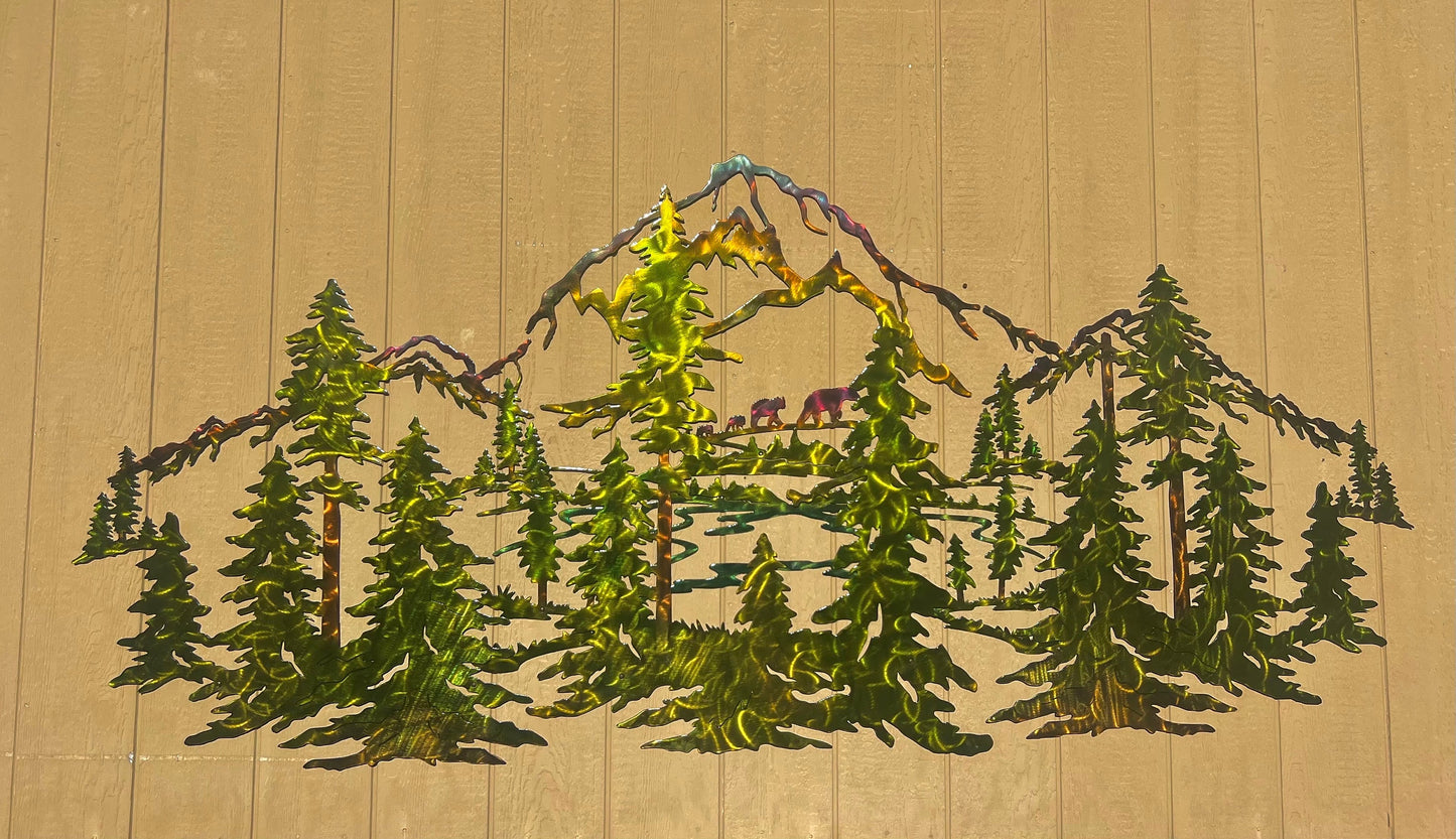 Pine Trees, Forest, Bears And Mountains Up To 9 Ft Wide Scene Metal Wall Art Home Decor