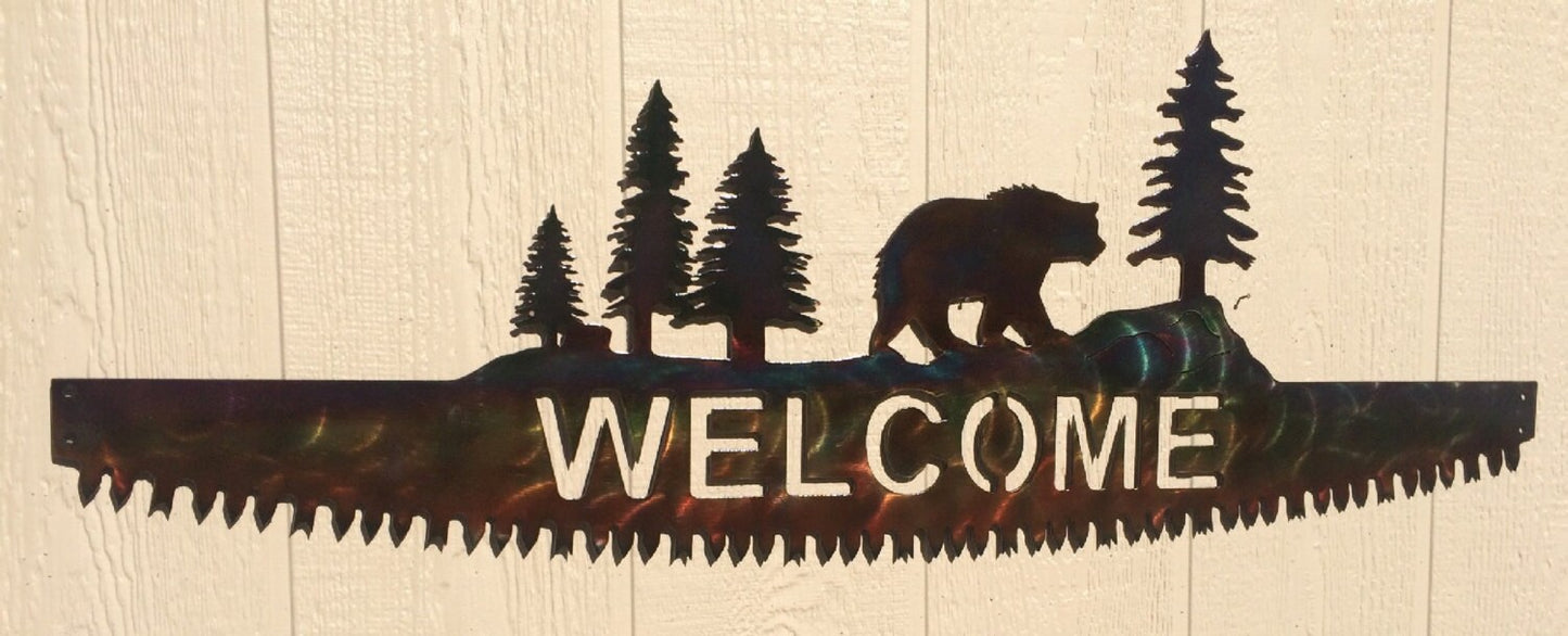 Bear on Crosscut Sawblade Metal Wall Art Welcome