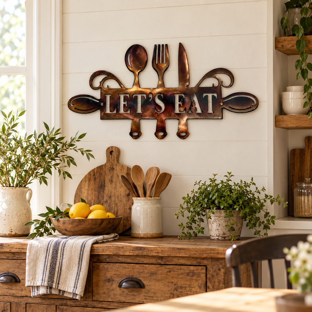 Let’s Eat metal kitchen wall decor with fork, spoon and knife design