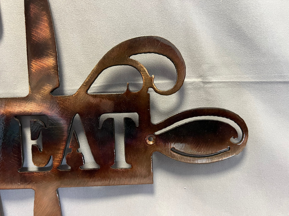 Let’s Eat handmade metal kitchen sign with spoon, fork and knife motif