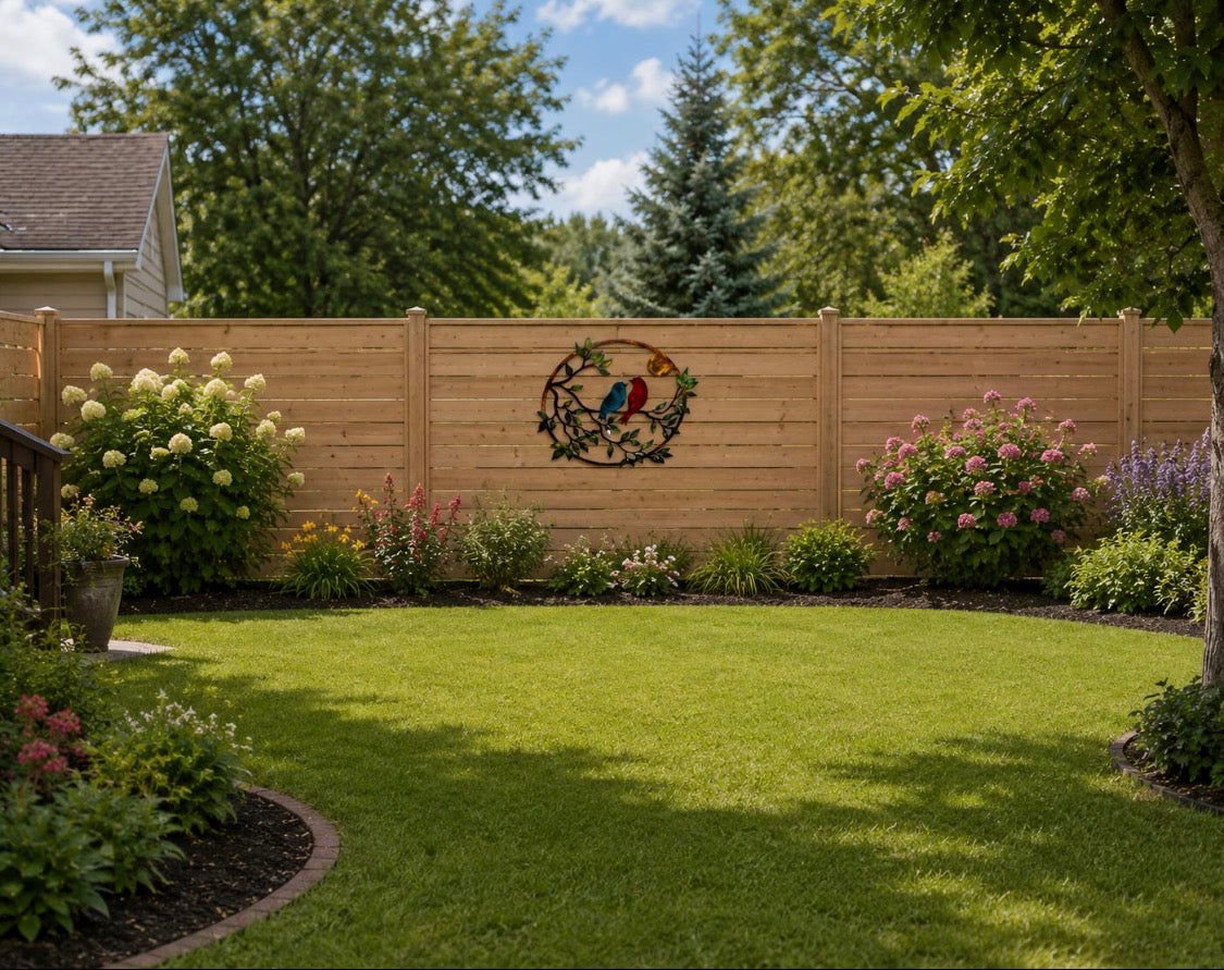 Love birds metal garden wall decor displayed on a wood privacy fence in a landscaped backyard.