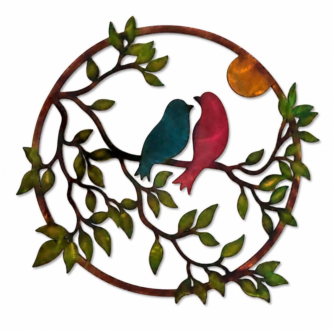 Hand-finished love birds metal wall art with two colorful birds, leafy branches, and sun.