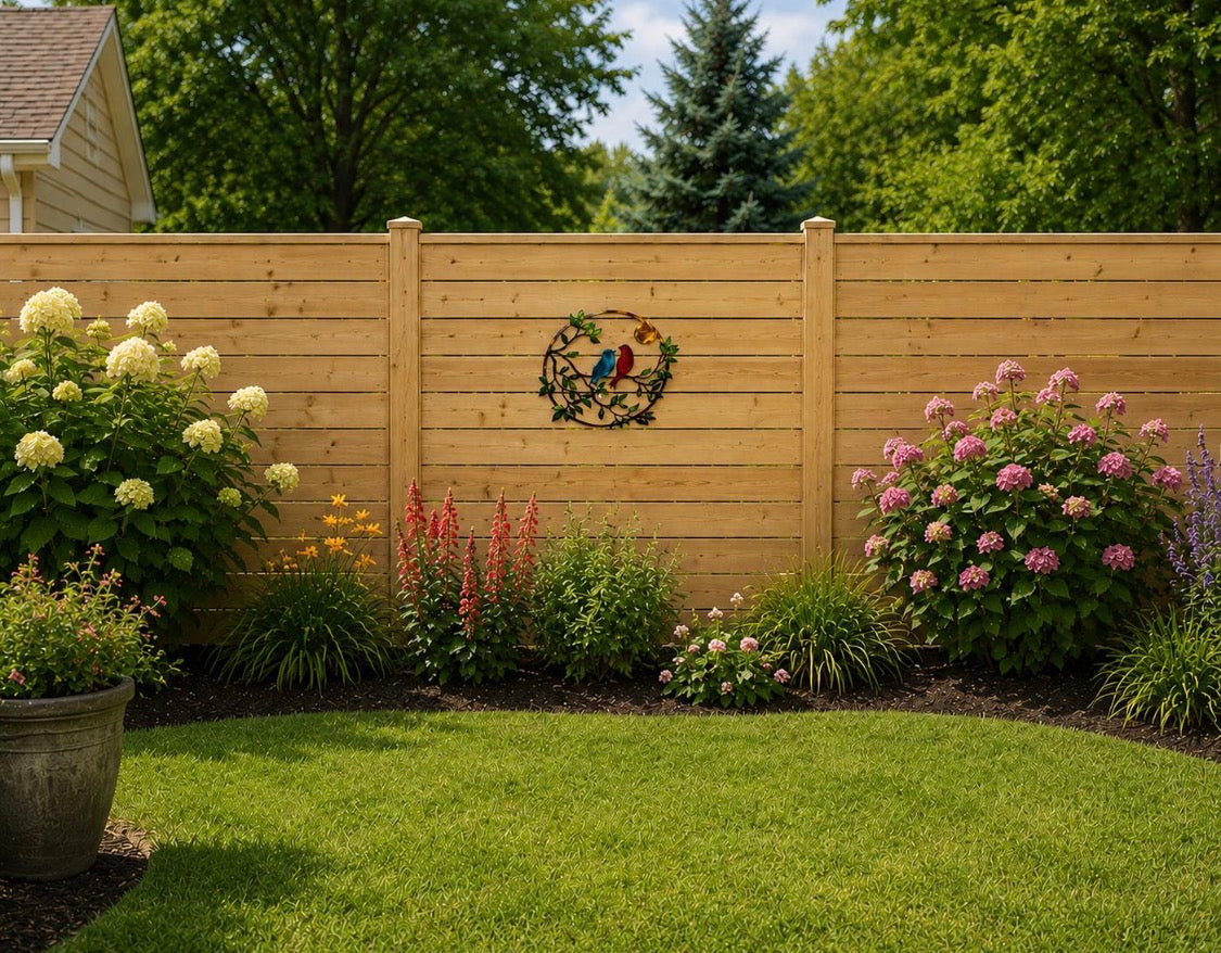 Love birds outdoor metal wall art displayed on a wooden garden fence among flowering plants.