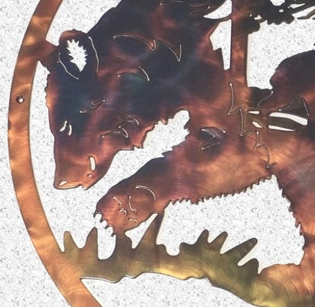 Close-up of mountain and bear cub detail on wildlife metal wall art