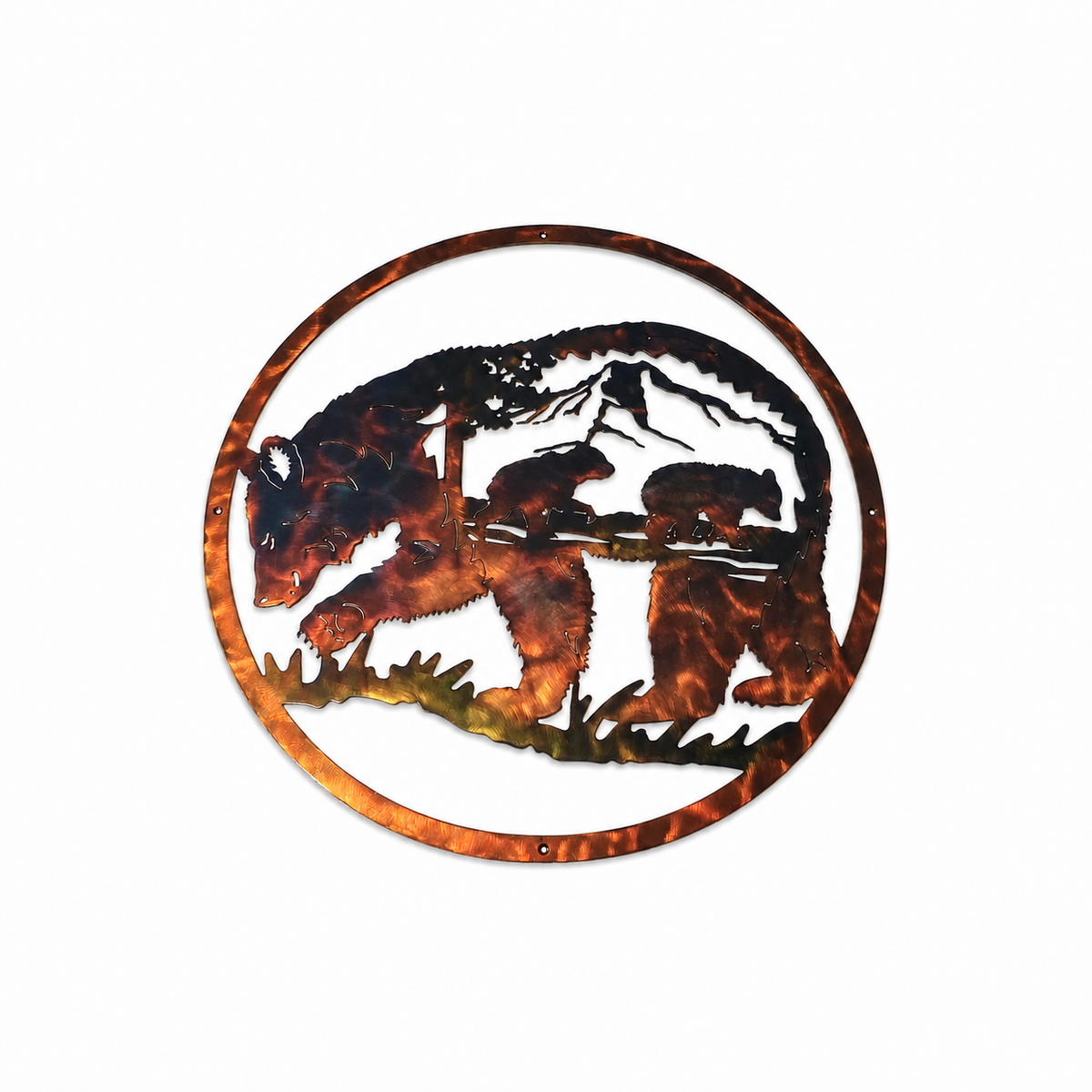 Mama bear and cubs metal wall art on a clean background showing the full circular design