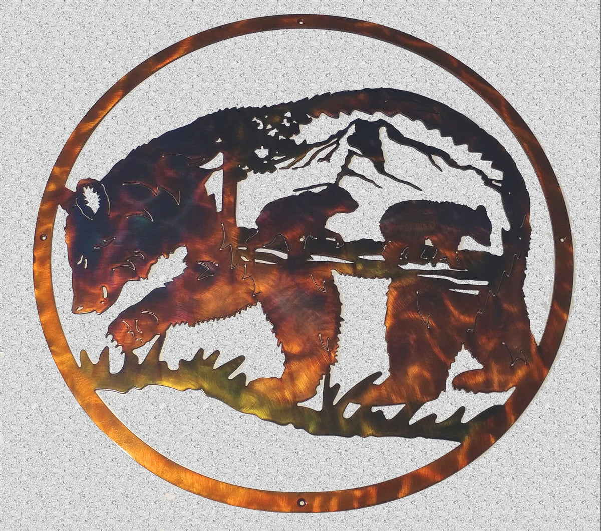 Mama bear and cubs round wildlife metal wall art with hand-finished copper patina