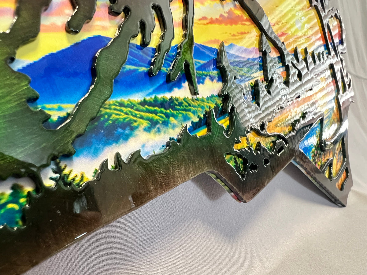 North Carolina layered metal wall art with UV-printed mountain-to-coast sunrise scene and hand-finished steel foreground.