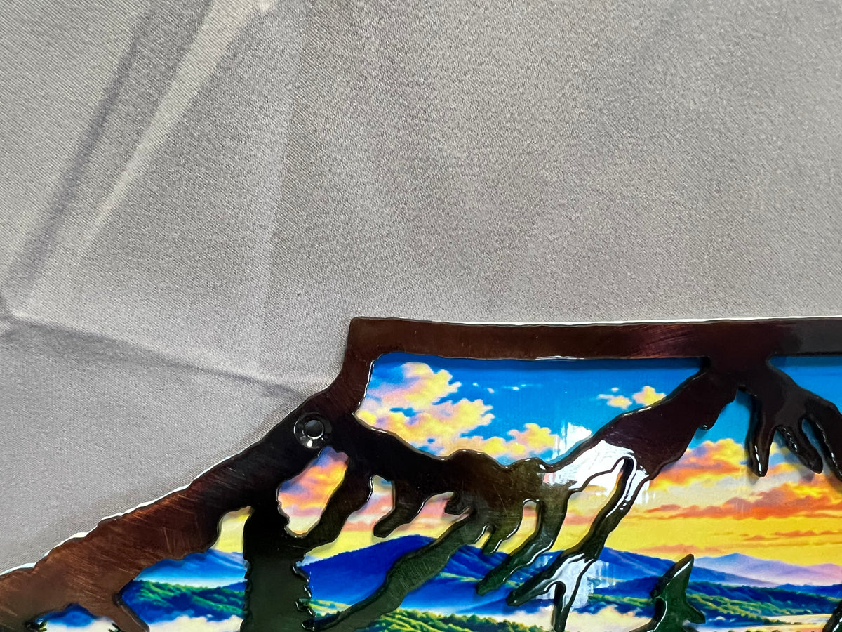 North Carolina layered metal wall art with UV-printed mountain-to-coast sunrise scene and hand-finished steel foreground.