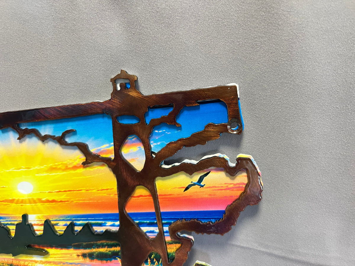 North Carolina layered metal wall art with UV-printed mountain-to-coast sunrise scene and hand-finished steel foreground.