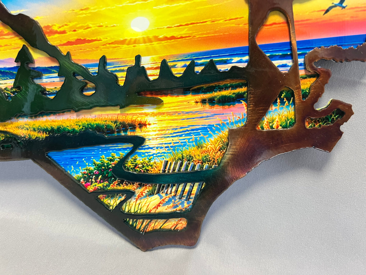 North Carolina layered metal wall art with UV-printed mountain-to-coast sunrise scene and hand-finished steel foreground.
