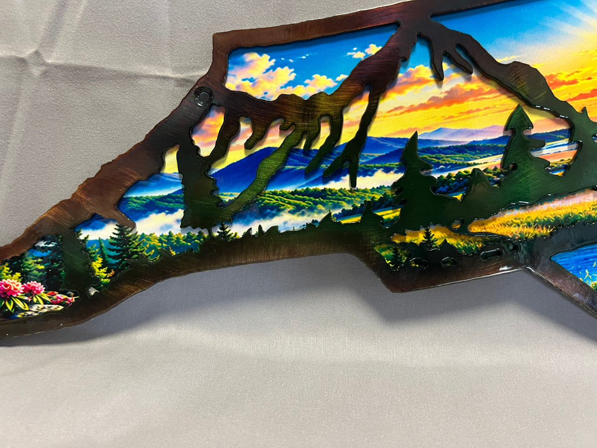 North Carolina layered metal wall art with UV-printed mountain-to-coast sunrise scene and hand-finished steel foreground.