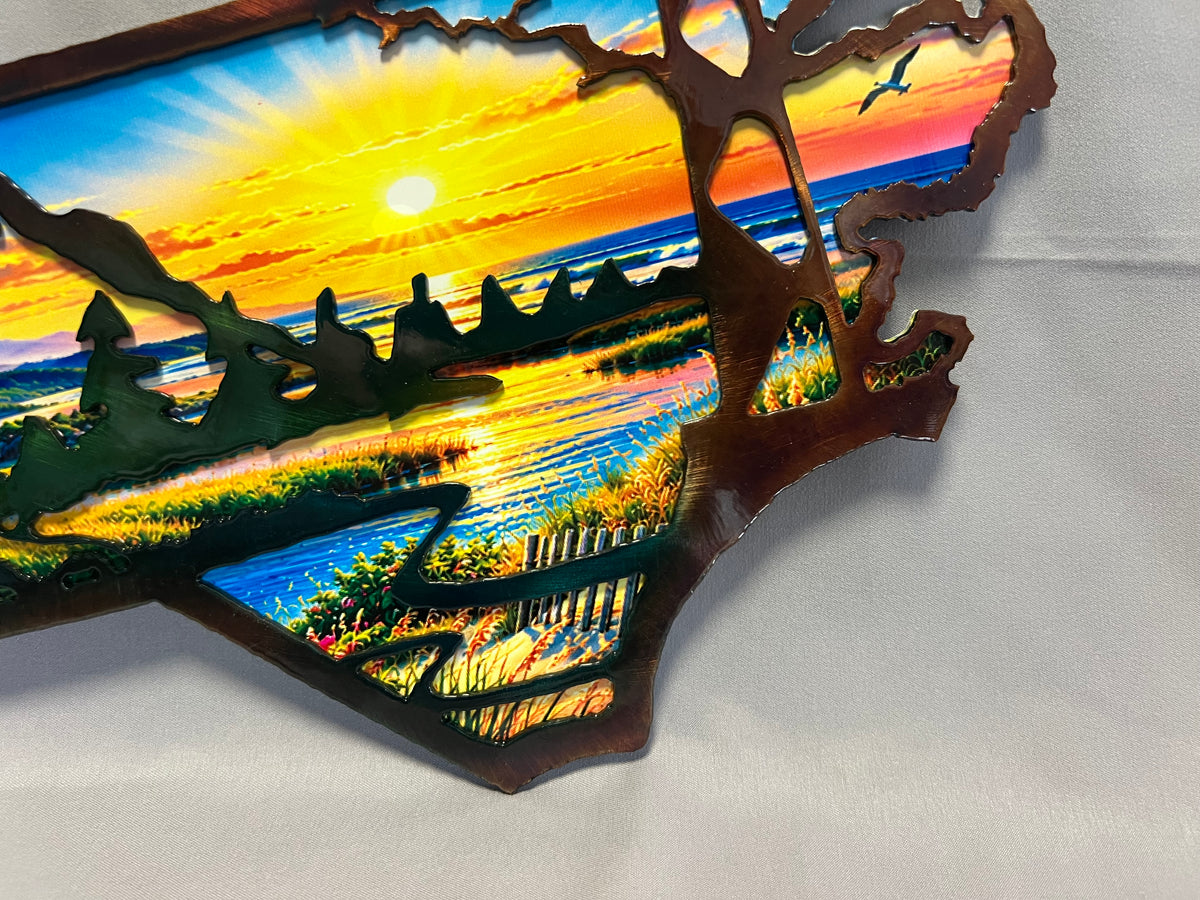 North Carolina layered metal wall art with UV-printed mountain-to-coast sunrise scene and hand-finished steel foreground.