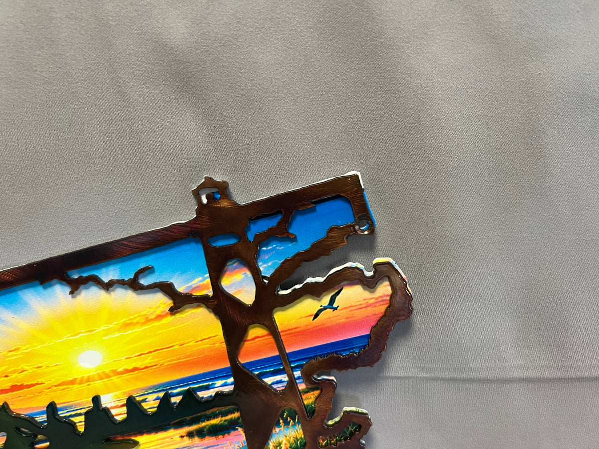 North Carolina layered metal wall art with UV-printed mountain-to-coast sunrise scene and hand-finished steel foreground.