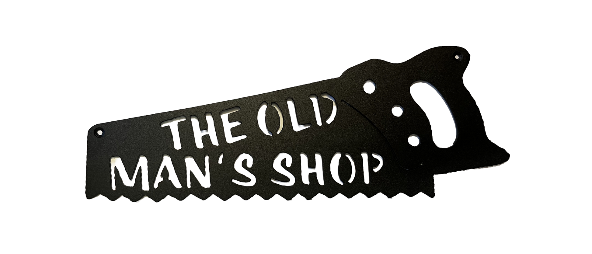 Black metal Old Man's Shop handsaw wall sign shown on a dark background