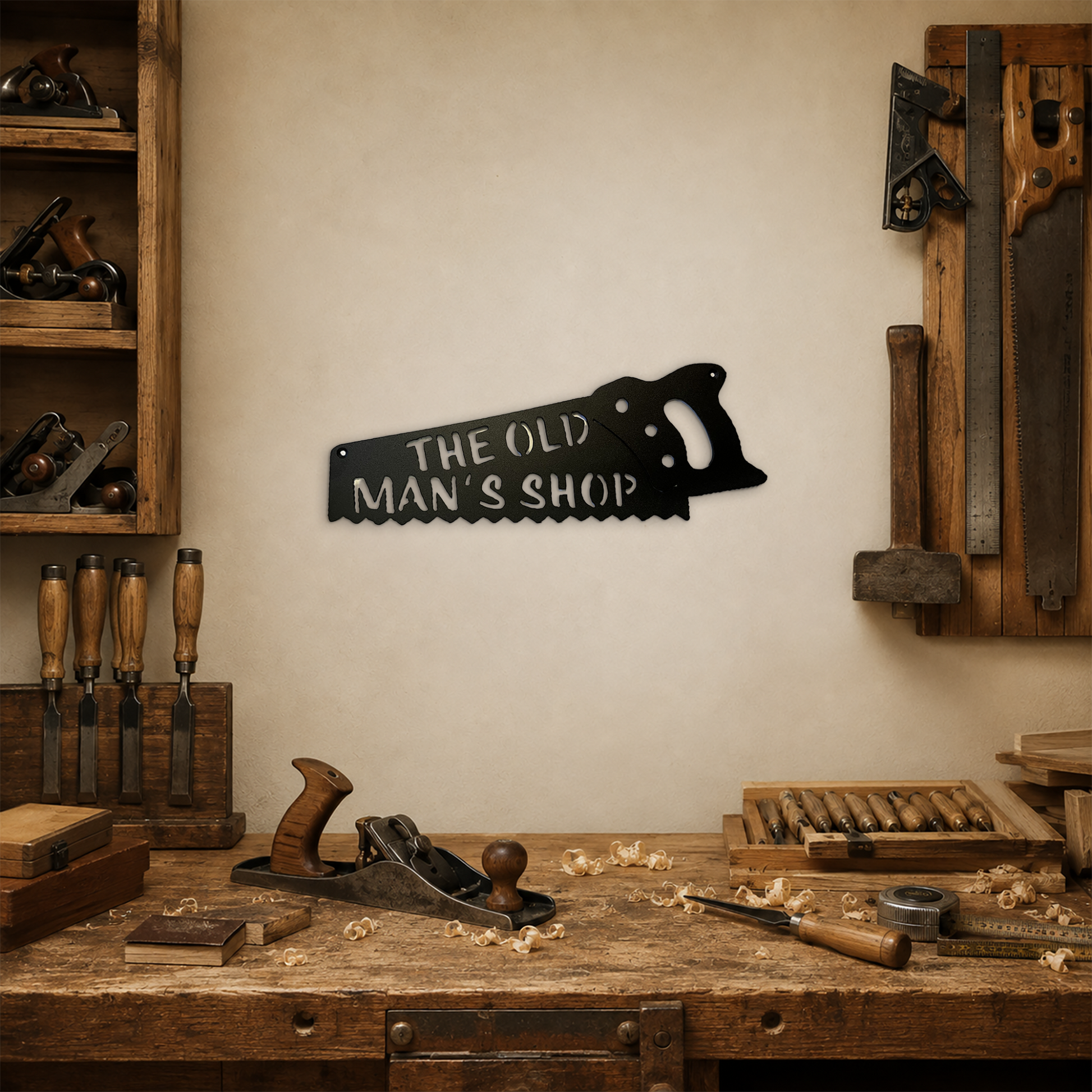 The Old Man's Shop metal handsaw sign displayed above a woodworking bench