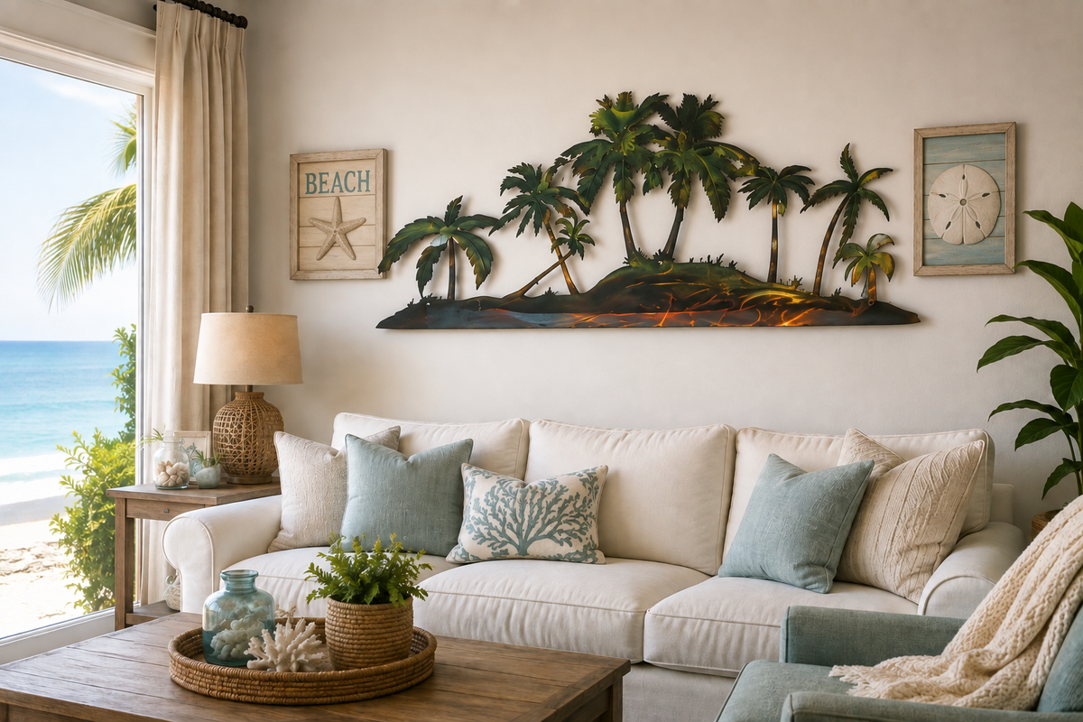 Palm tree island metal wall art displayed above a sofa in a bright coastal living room with beach decor.