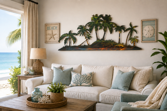 Palm tree island metal wall art displayed above a sofa in a bright coastal living room with beach decor.