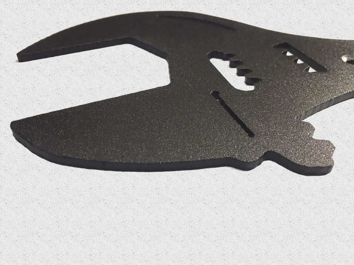 closeup of papas shop crescent wrench metal wall art