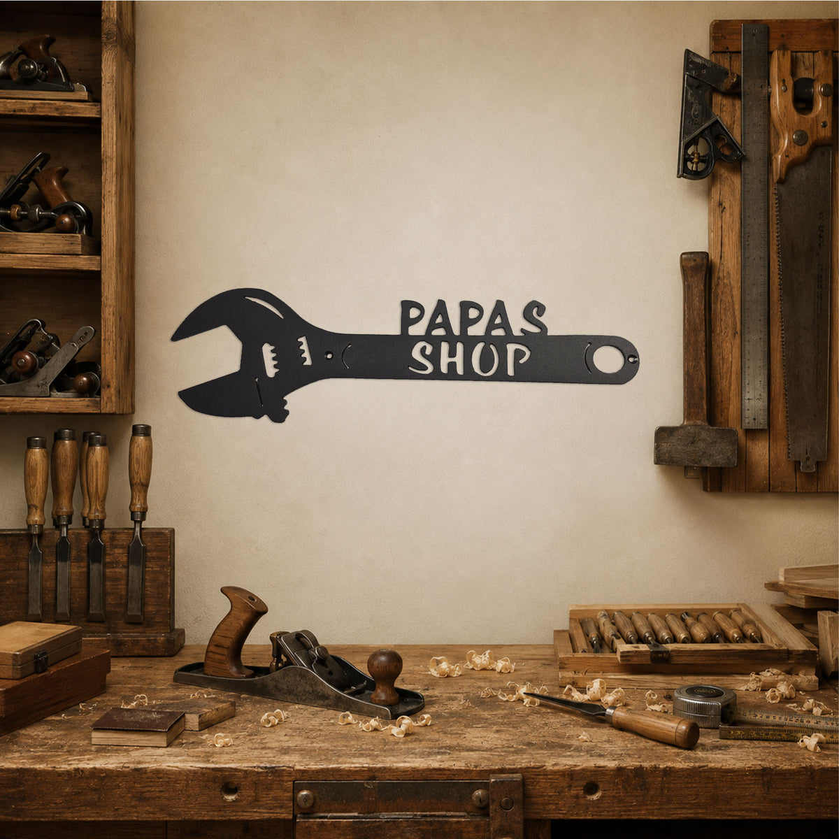 A black metal wrench-shaped wall sign with the words 'PAPAS SHOP' in white lettering, mounted on a beige wall above a rustic wooden workbench filled with woodworking tools and sawdust.