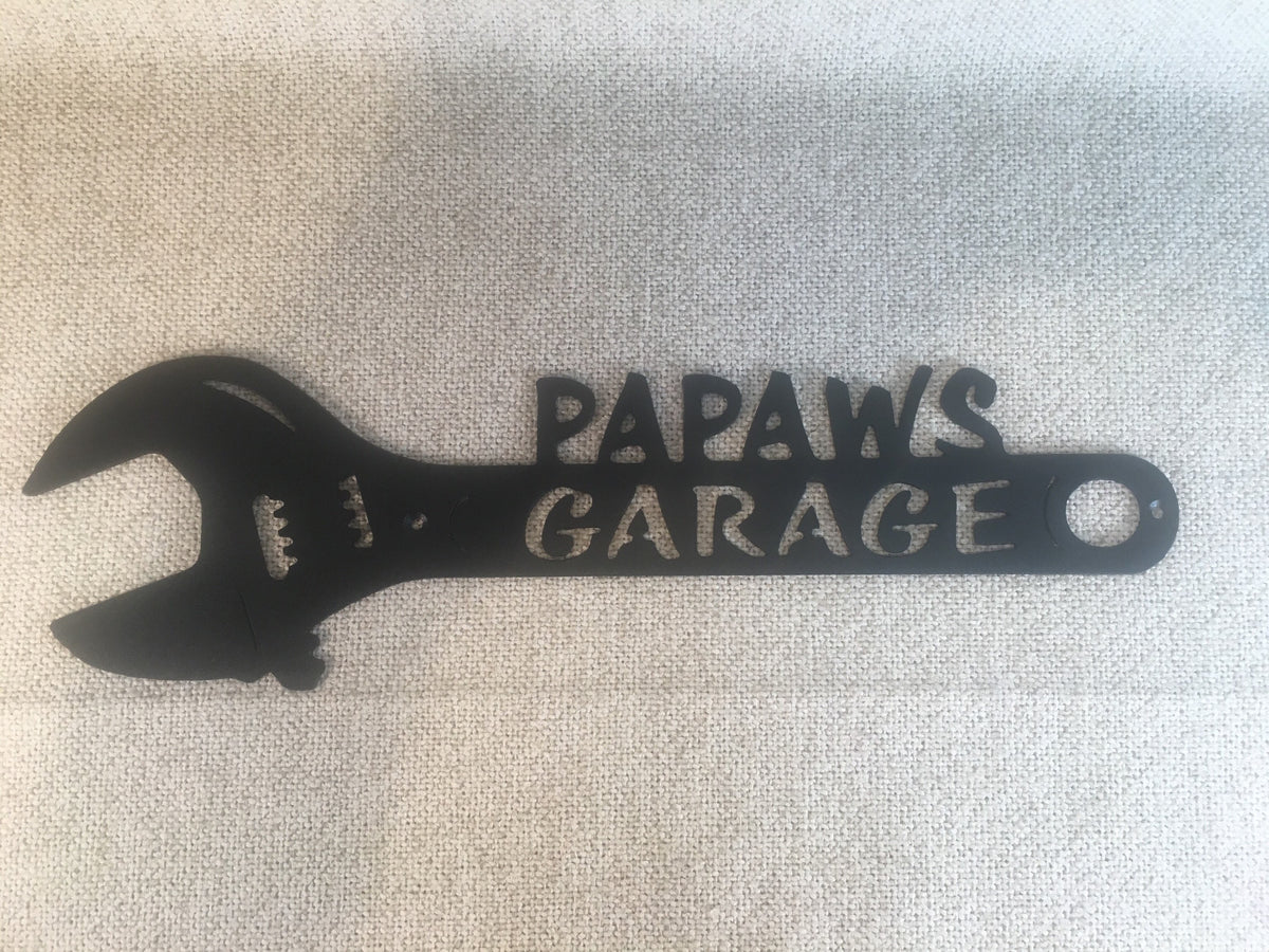 Papaw’s Garage or Shop Metal Wrench Sign, Personalized Gift for Papaw