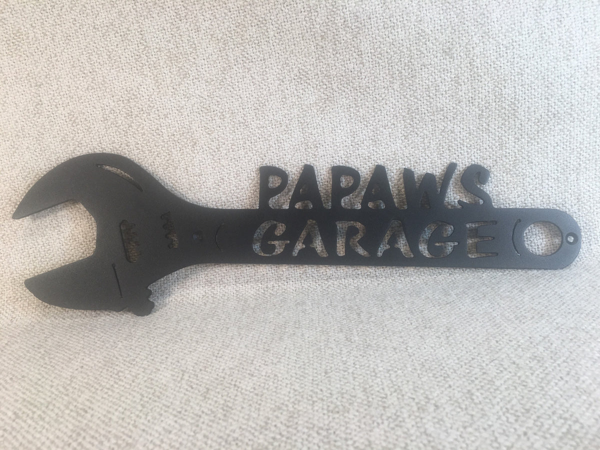 Papaw’s Garage or Shop Metal Wrench Sign, Personalized Gift for Papaw